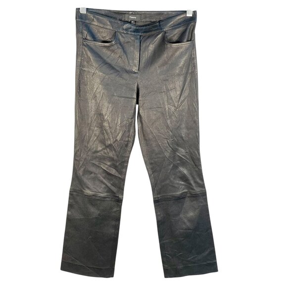 Theory Lamb Leather Bristol Crop Pant L Black Flare Trousers Size 00 - Picture 2 of 10